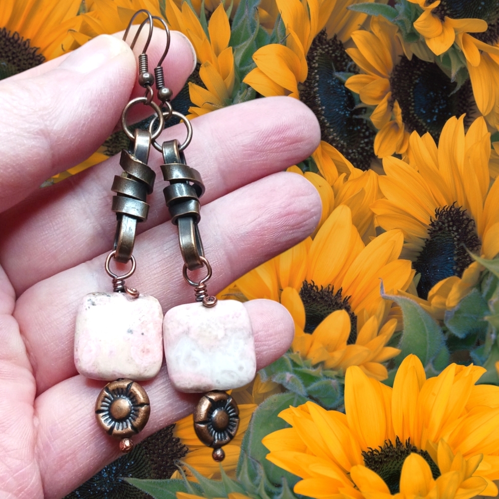 Artisan Antique Copper Earrings with Rhodonite – Boho Statement Earrings